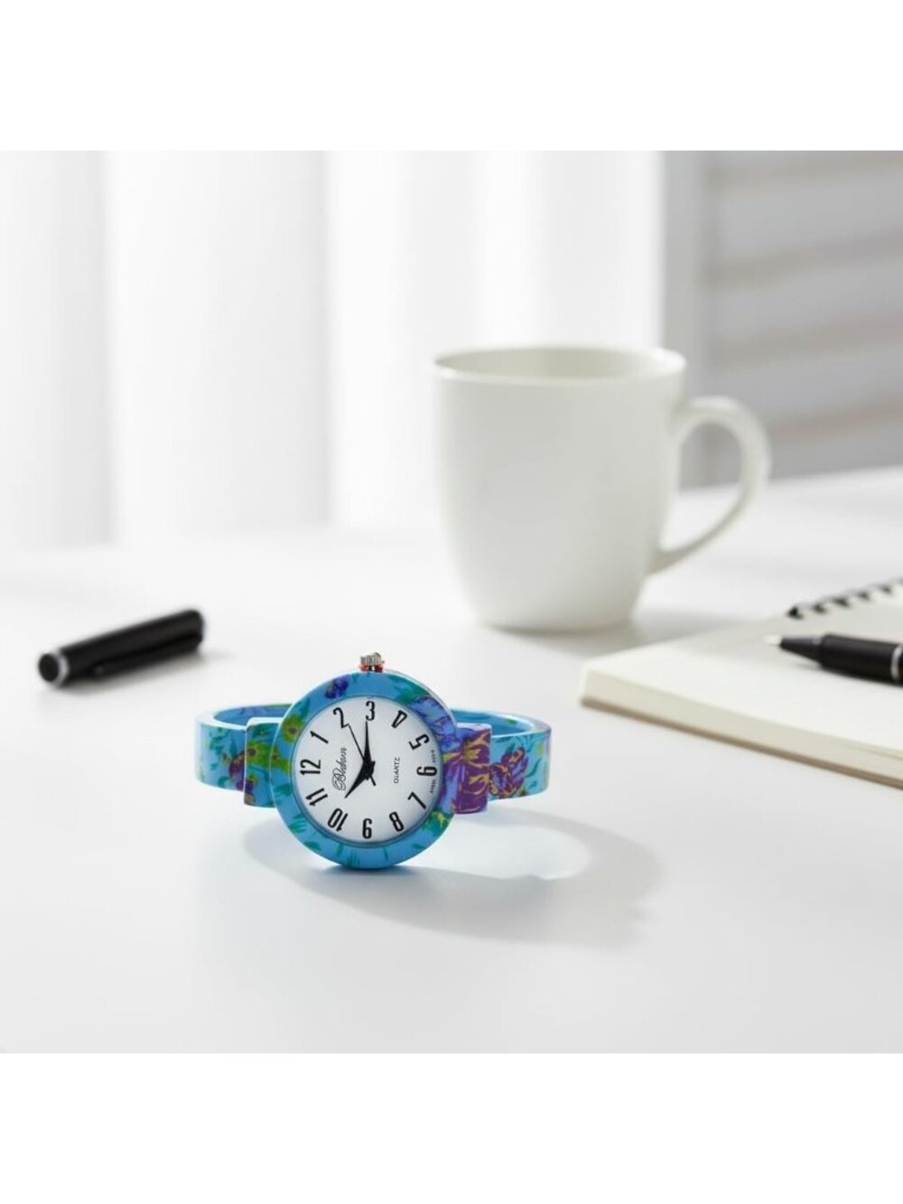 Women's Blue Elegant Flower Design Bracelet Cuff Bangle Fashion Wrist Watches - Picture 4 of 7